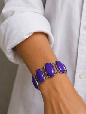 Purple Grape Eggplant Acrylic Elongated Oval Silver Tone Vintage Bracelet EUC